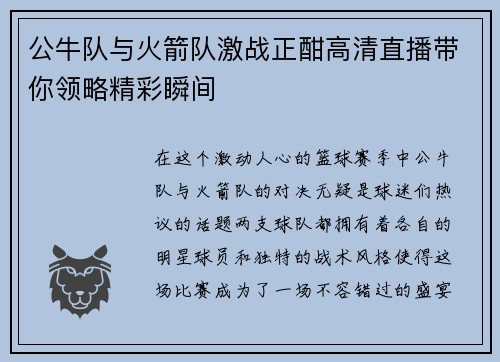 公牛队与火箭队激战正酣高清直播带你领略精彩瞬间